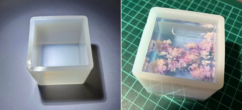左:シリコンモールド 右:レジン液を流し入れた状態(提供:ソラハナさん)