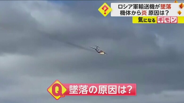 機体から炎を上げ飛行するロシア軍輸送機