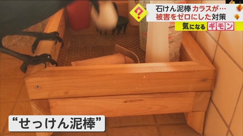 カラスがくちばしで石けんをくわえ、飛び去っていく瞬間⑤