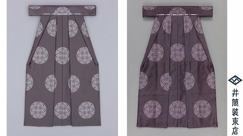 左：一級（紫の袴、白色の文様入り）　右：二級上（紫の袴、紫色の文様入り）　提供：井筒装束店