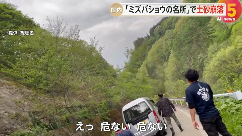 林道脇の斜面から土砂とともに、大きな木々が崩れ落ちる一部始終⑤
