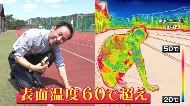 サーモカメラで計測すると、トラックの表面温度は60℃を超えている