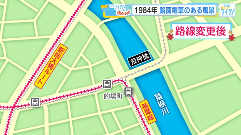 的場町電停付近の広島電鉄路線図