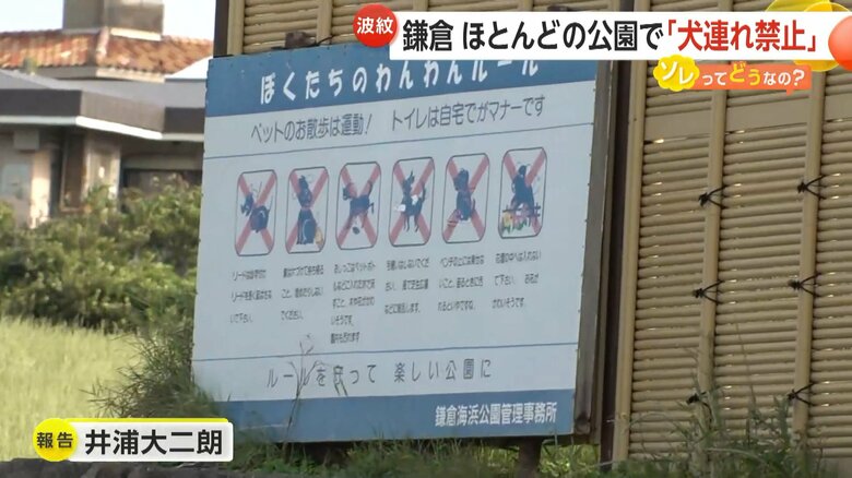 犬の散歩が可能な大きな公園に設置された多数の注意書きが書かれた看板