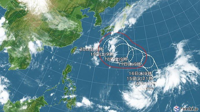 熱帯低気圧の今後の進路予想図（日本気象協会tenki.jpより）