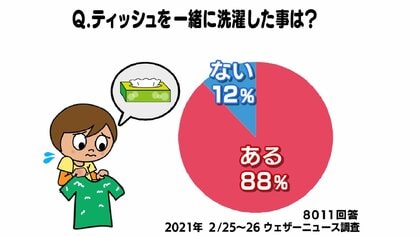 88％が経験「ティッシュと一緒に洗濯」　“紙の破片”キレイに取る技があった…野菜ネットやスポンジ活用