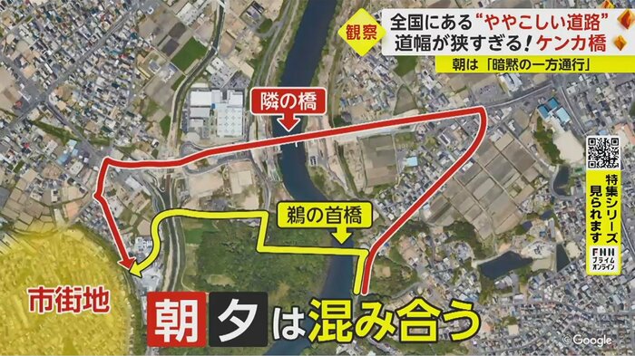 橋を渡った先に市街地があり、隣の橋を使うよりも信号が少なく、近道になっている