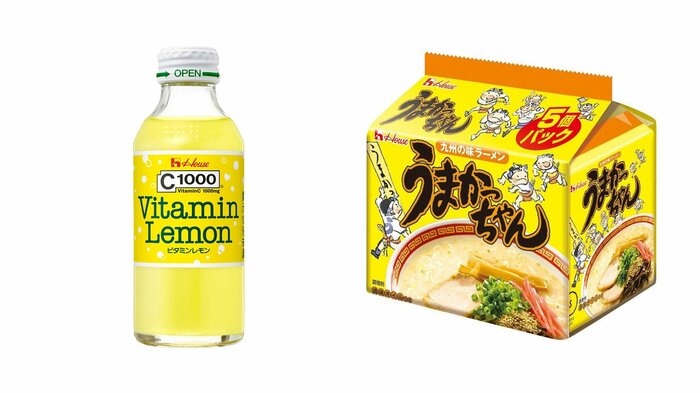 (左)C1000 ビタミンレモン 140ml瓶 (右)うまかっちゃん 5個パック