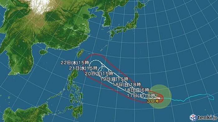 台風30号の進路予想図　日本気象協会 tenki.jpより