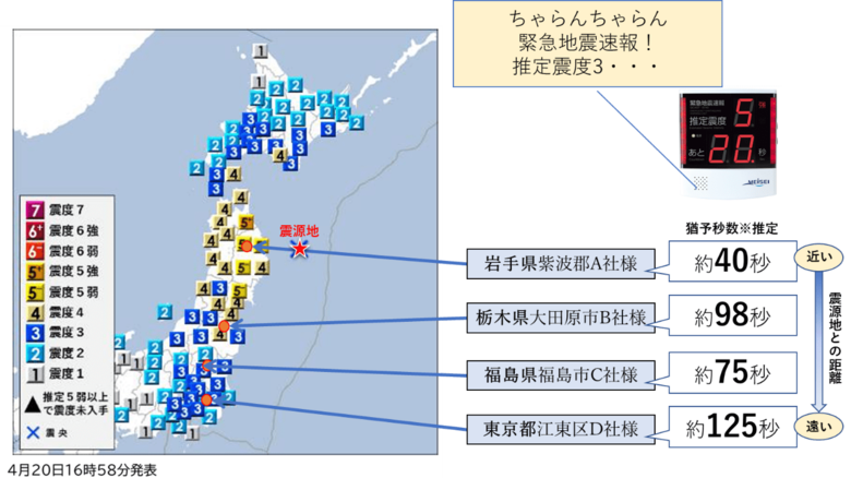 三陸沖を震源とする最大震度5強の地震(4月20日16：53頃発生)について、『ProP biz（プロップビズ）緊急地震速報配信サービス』の配信状況をお知らせいたします。