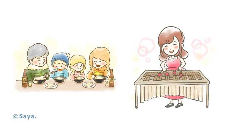 (左)ラーメンを食べる親子:ショップのカード用として (右)楽器を演奏する女性:SNSのアイコンとして
