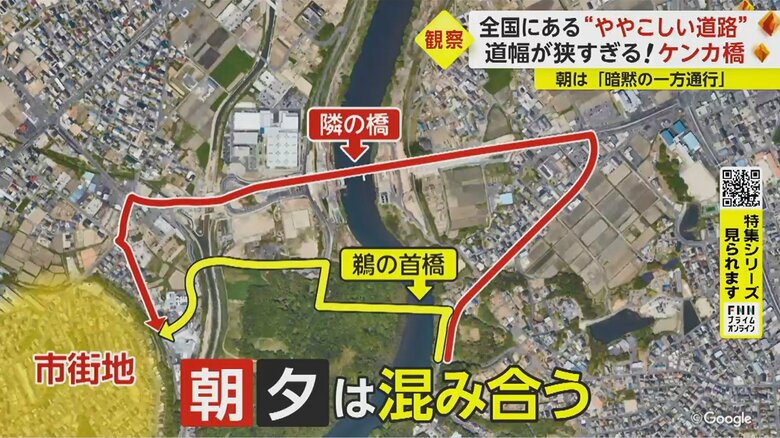 橋を渡った先に市街地があり、隣の橋を使うよりも信号が少なく、近道になっている