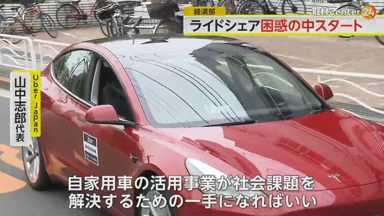 ライドシェアのデモンストレーションで客を迎えにきた赤い車