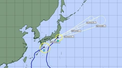 【台風情報】ダブル台風の今後の進路予想は　台風7号は27日夜にかけて西日本～東日本の太平洋側に接近する見込み　台風8号は千葉県鴨川市付近に　