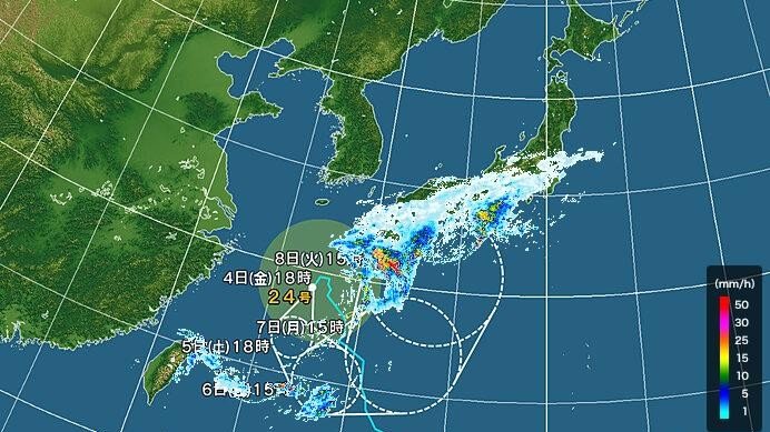 台風24号の進路予想図と雨雲(日本気象協会より)