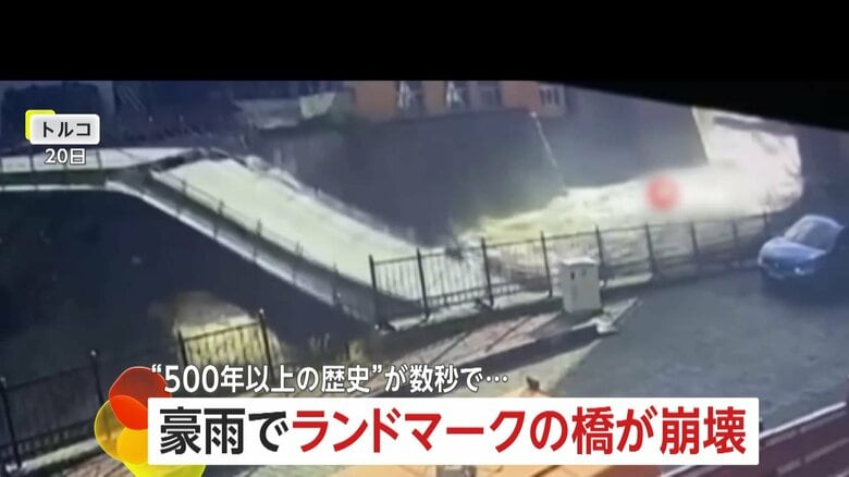 “500年以上の歴史”が一瞬で…豪雨で“川が氾濫”し街のランドマークの橋が数秒で“崩壊”　トルコ｜FNNプライムオンライン