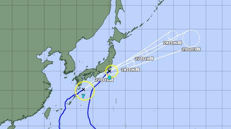 【台風情報】ダブル台風の今後の進路予想は　台風7号は27日夜にかけて西日本～東日本の太平洋側に接近する見込み　台風8号は千葉県鴨川市付近に　｜FNNプライムオンライン