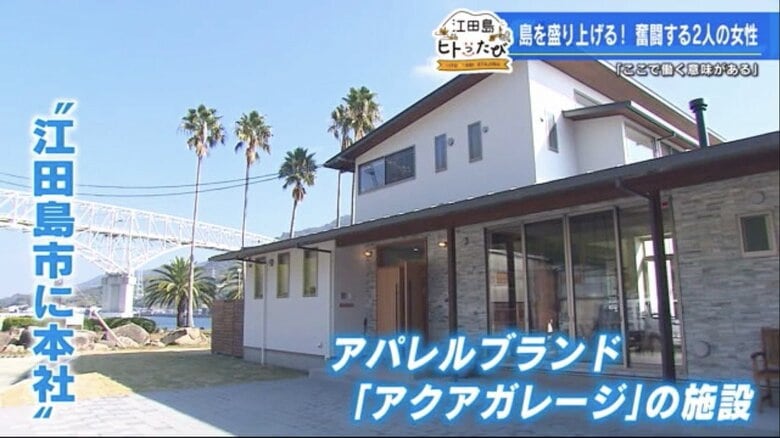 建物の背景に見える白い橋が早瀬大橋