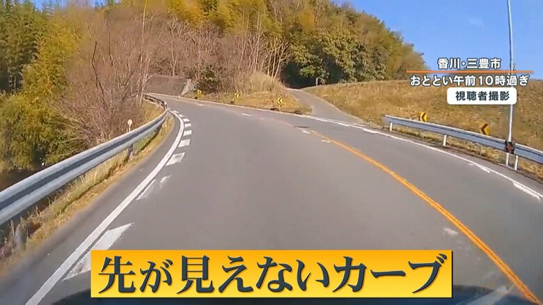 白い車が下ってきた道。先の見えない急カーブになっている