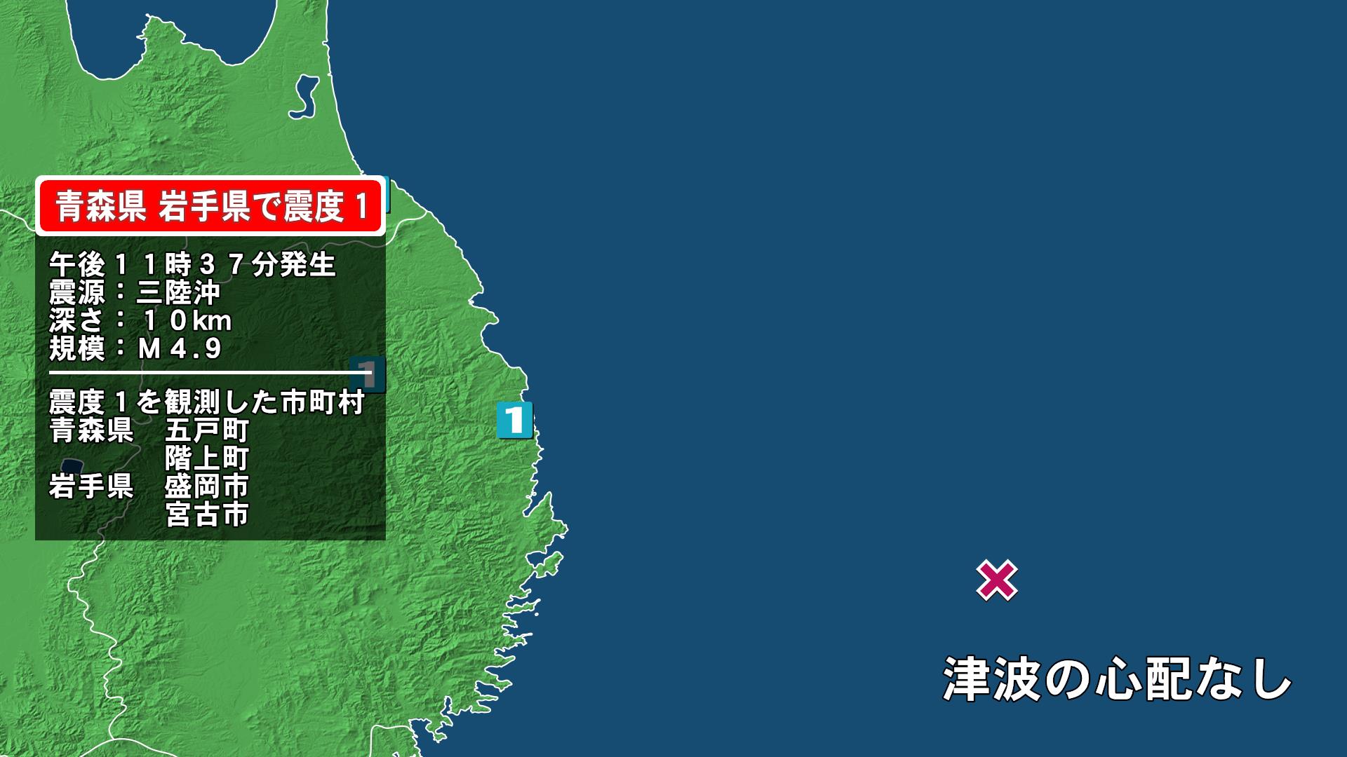 青森県で最大震度1の地震　青森県・五戸町、階上町、岩手県・宮古市、盛岡市
