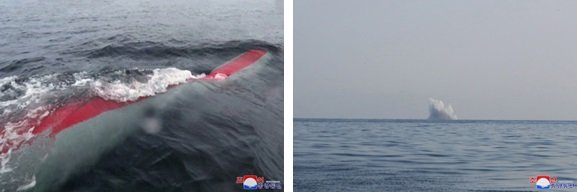 水面近くを航行し(左)、水中での起爆試験を行う"核"無人水中攻撃艇ヘイル―1(朝鮮中央通信・3月28日)