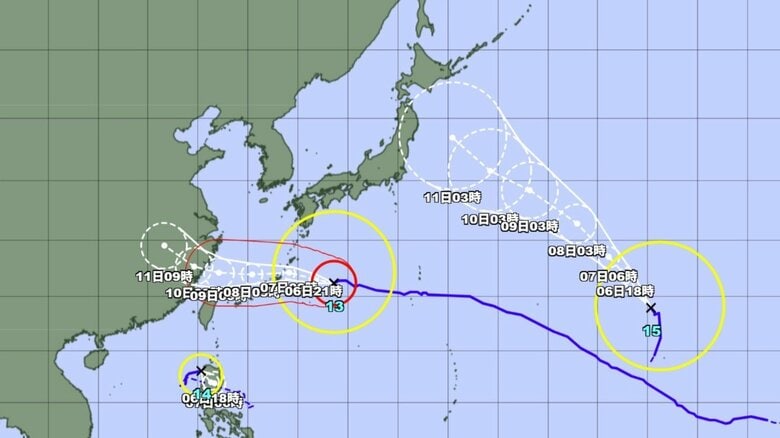【台風情報】トリプル台風の今後の進路予想は　台風13号は7日午前9時には強い勢力で沖永良部島の南東約キロに達する見込み｜FNNプライムオンライン