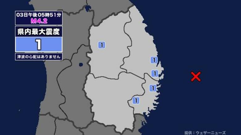 【地震】岩手県内で震度1 岩手県沖を震源とする最大震度1の地震が発生 津波の心配なし｜FNNプライムオンライン