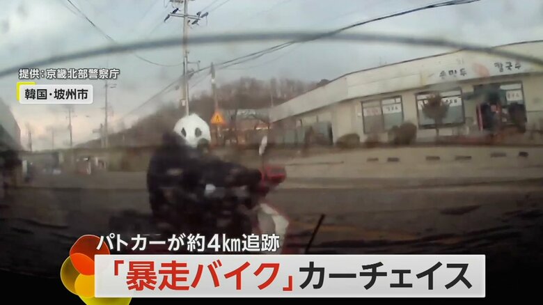 韓国警察“カーチェイス”   暴走バイク約4キロの逃走劇 パトカーが男を追い詰める一部始終がカメラに…　韓国・坡州市｜FNNプライムオンライン