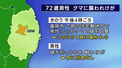 クマに襲われ72歳男性けが　住宅の敷地内　クマの行方分からず　岩手県盛岡市