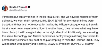 イランがホルムズ海峡に機雷準備か　トランプ大統領「撤去しなければ見たことのないレベルの攻撃」と警告