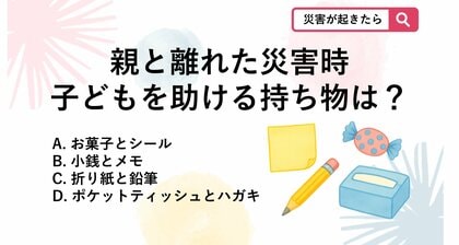 【防災クイズ】習い事や外出先で災害が起き、親と離れていた場合に役立つ備えはどれでしょう？