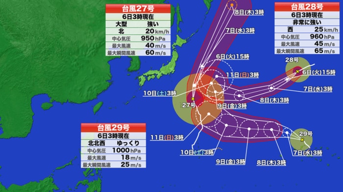 トリプル台風の進路予想図　6日午前3時