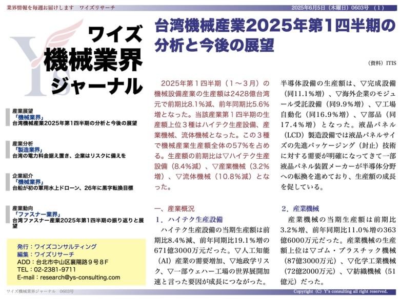 【台湾情報】台湾機械産業、Q1は前年比5.6％増も先行きに不安要素＜ワイズ機械業界ジャーナル2025年6月第1週号発行＞