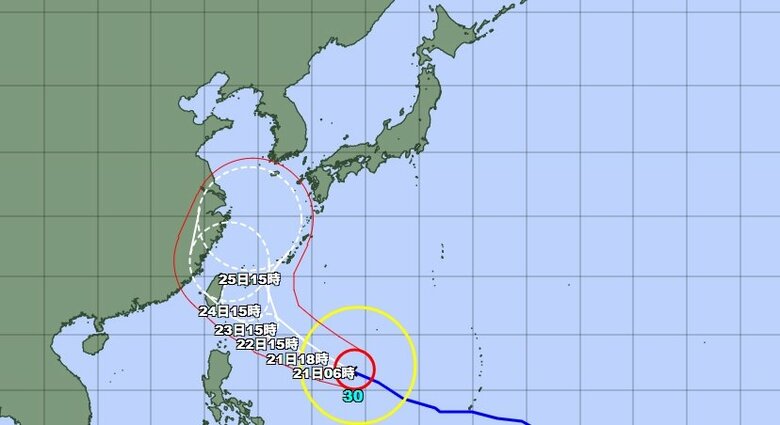 【台風情報】大型で猛烈な台風30号の最新進路は？22日には非常に強い勢力で沖縄の南へ　気象予報士「予想が本州寄りに。台風から離れているところも雨が強まるおそれ」｜FNNプライムオンライン