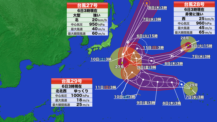 トリプル台風の進路予想図　6日午前3時
