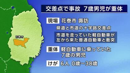 ７歳男児が意識不明の重体、他6人けが　交差点で車同士が出合い頭に衝突　岩手県花巻市