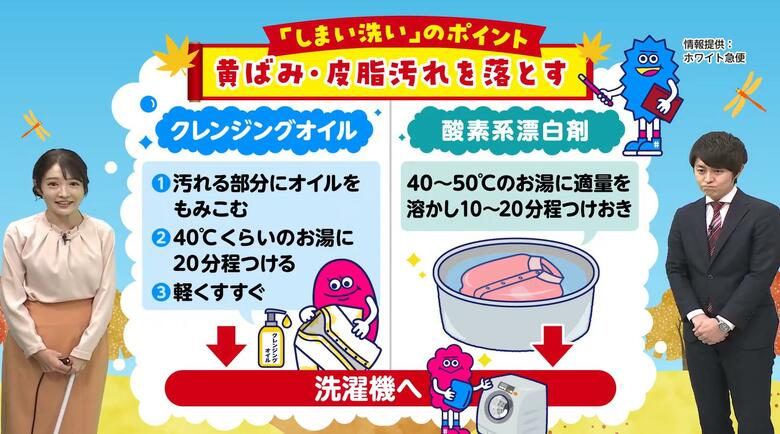 衣替えで役立つ「しまい洗い」のひと工夫　手ごわい黄ばみは意外なアイテム「クレンジングオイル」で解決！気象予報士が解説｜FNNプライムオンライン