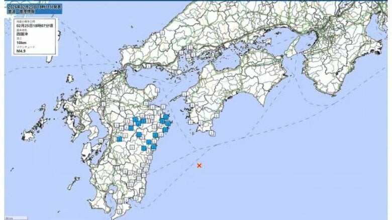 四国沖でM4.9の地震　宮崎、大分、熊本で最大震度２　広島や島根でも震度1観測　広い範囲で揺れ｜FNNプライムオンライン