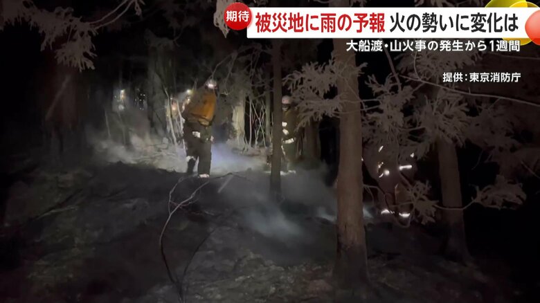昼夜を問わず消火活動にあたっている消防隊の周囲にも雪の粒が
