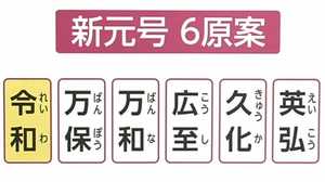 「令和」以外の元号候補案は「万保」「万和」「広至」「久化」「英弘」と判明
