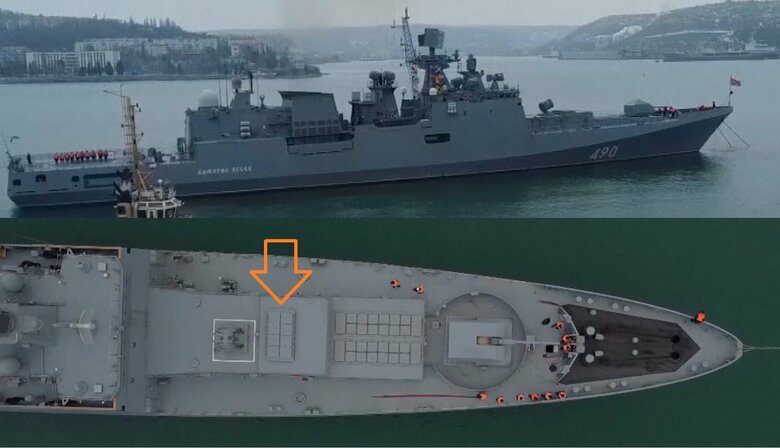 ロシア海軍黒海艦隊のアドミラル・グリゴロヴィチ級フリゲート『アドミラル・エッセン』(上)矢印はカリブルNK巡航ミサイルなど用垂直ミサイル発射機(下)