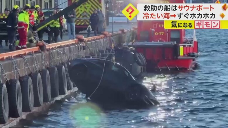 海から引き上げられる転落した車