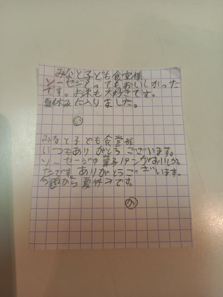 食料配布を受けた子どもたちからの手紙