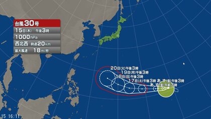 【台風情報】台風30号が発生　進路予想は　日本にも影響を与える可能性　今後、発達しながら西よりに進み、20日にはフィリピンの東で「非常に強い」勢力となる予想　15日午後3時にはマーシャル諸島、中心気圧1000ヘクトパスカル