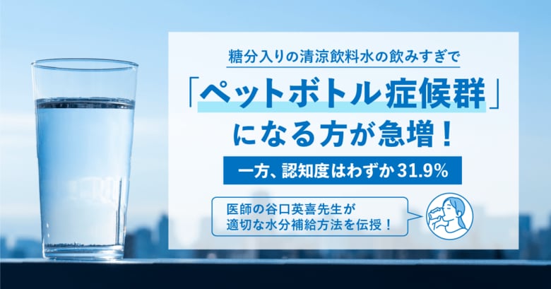 糖分入りの清涼飲料水の飲みすぎで「ペットボトル症候群」になる方が急増!「ペットボトル症候群」の認知度はわずか31.9%。正しい水分補給が鍵に。~医師の“谷口英喜先生”が適切な水分補給方法を伝授!~