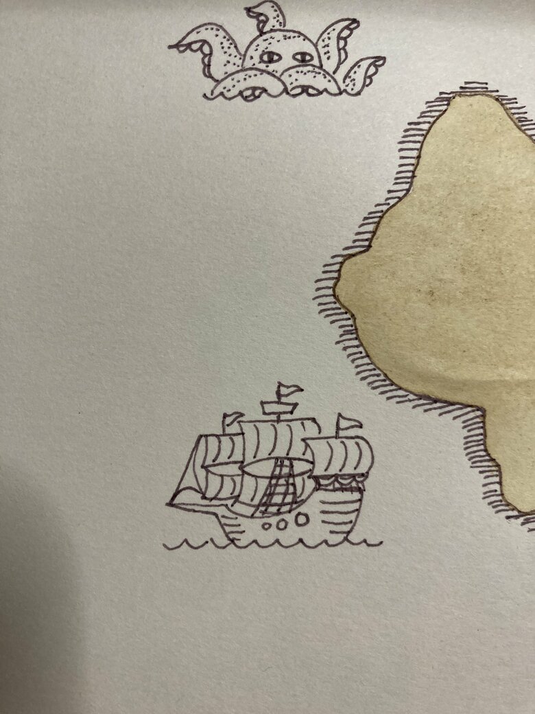 大ダコに見守られながら線入れたり網や窓を描いて完成。