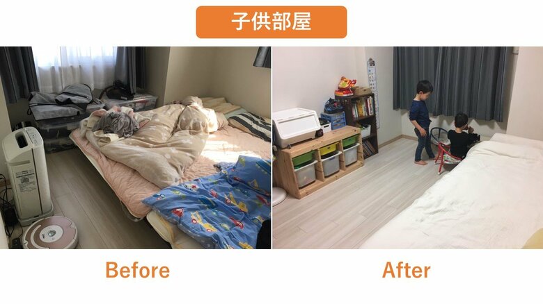 左：家族のもの以外も置かれていた子供部屋。 右：おもちゃもリビングではなく、この部屋に収納（石阪さん提供）