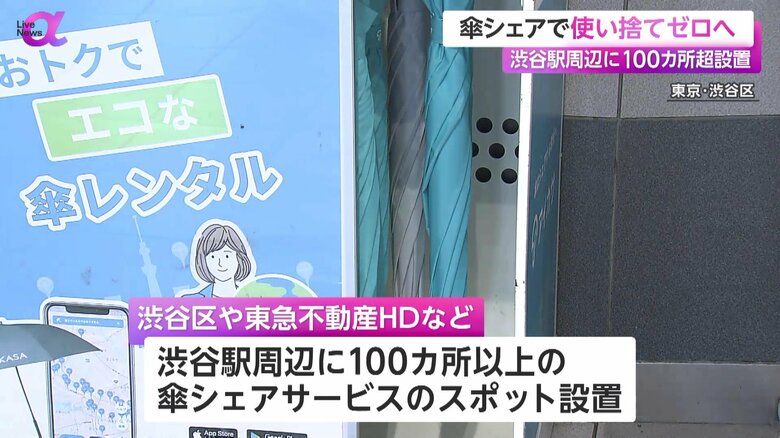 渋谷駅周辺に100カ所以上設置された傘のシェアサービスのスポット