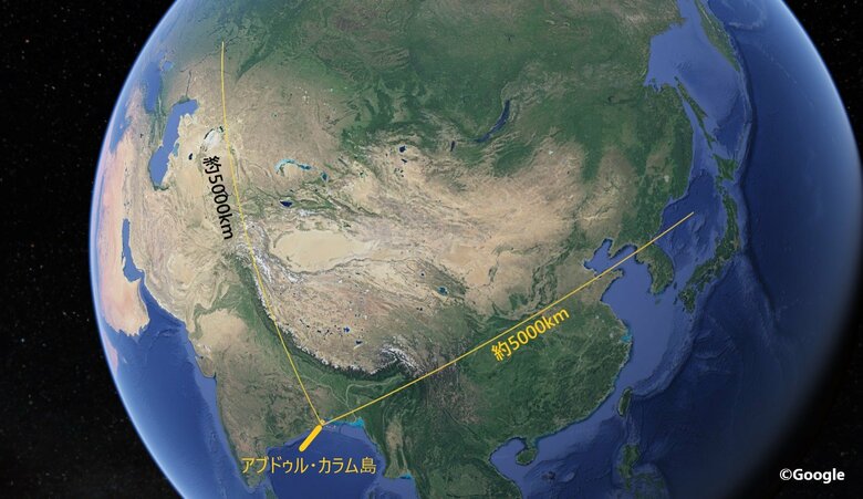 インドがアグニ-5弾道ミサイルの試験発射を行ったアブドゥル・カラム島から約5000kmの範囲。