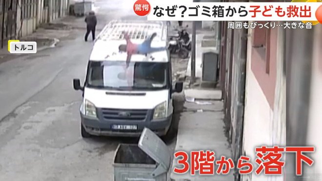 子どもが3階からゴミ箱の中に転落する瞬間（トルコ）⑥
